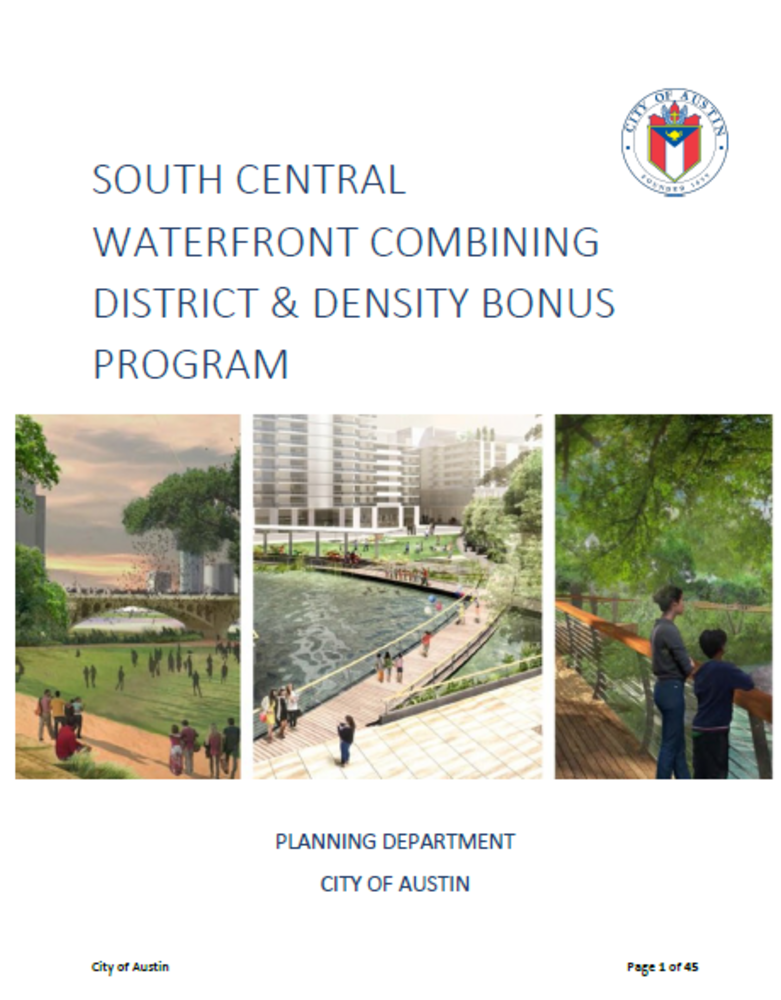 Cover image of the South Central Waterfront Combining District and Density Bonus Program, with the title, the City seal, and three illustrations of urban settings that feature plenty of grass, trees, water, tall buildings, and people milling about
