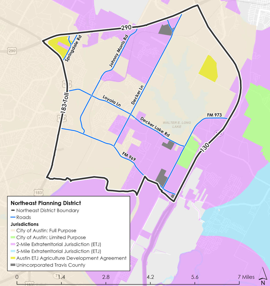 Image of Northeast Plannng District boundary with labelled roads and city and county jurisdiction boundaries.