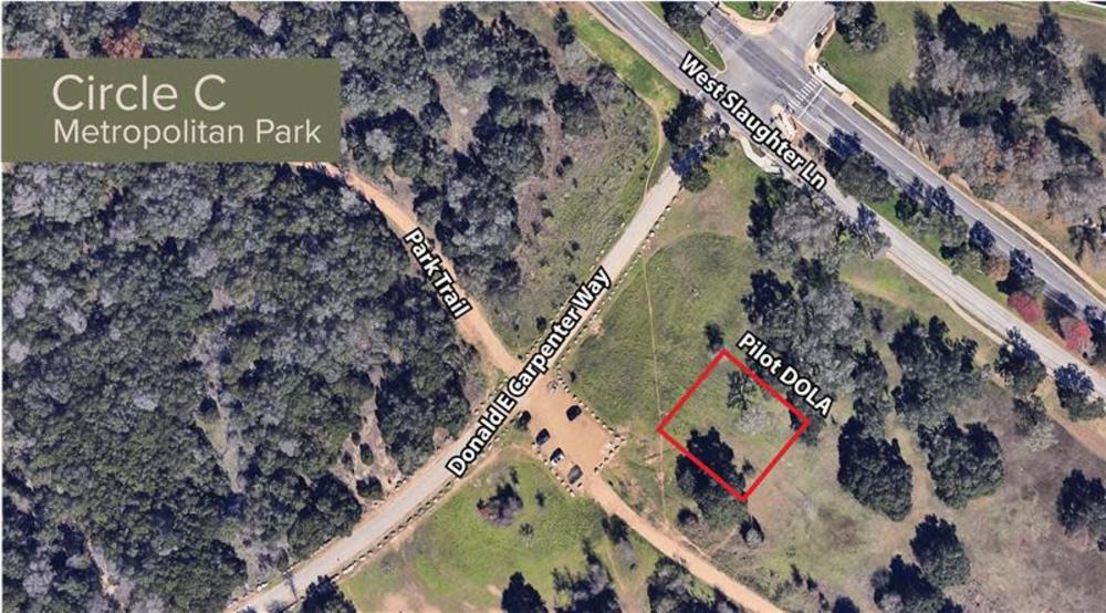 Circle C Metro Park overhead view of outline of Pilot DOLA near trail and street