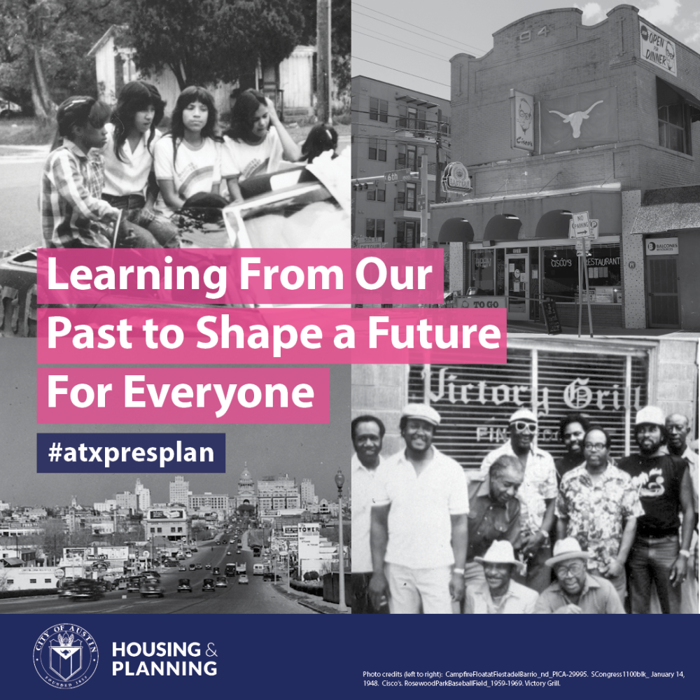Historic photographs and the plan's subtitle: "Learning From Our Past to Shape a Future For Everyone"