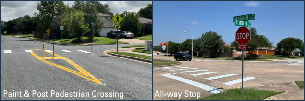 Examples of Paint and Post Ped crossing and all way stop